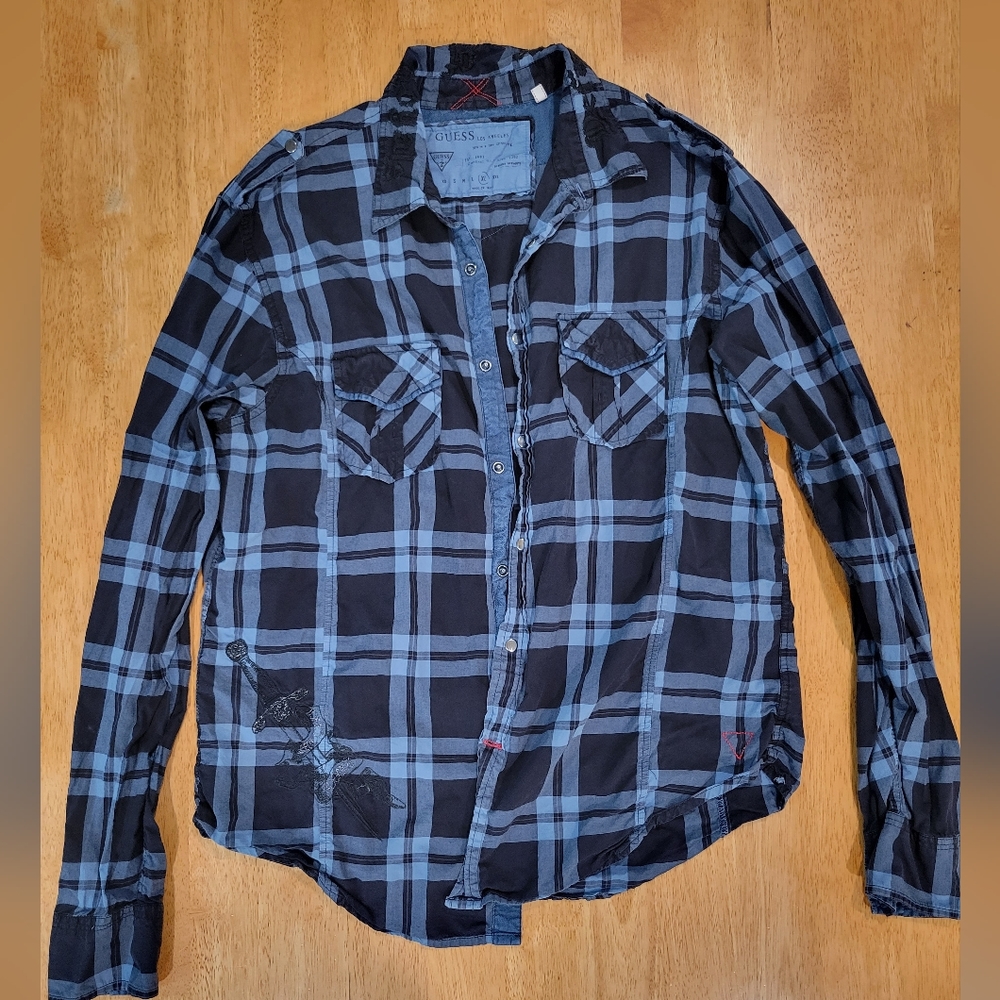 EUC Guess button Up Blue And Black plaid shirt